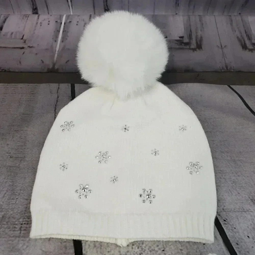 Girls White/Cream Sparkly Snowflake Knit Hat Beanie with Fingerless Glove set